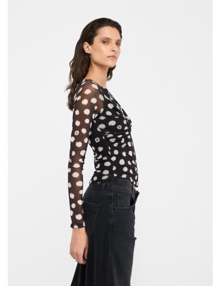 Liu Jo T-shirt a pois con scollo a barca e arriccio frontale  | Mariad