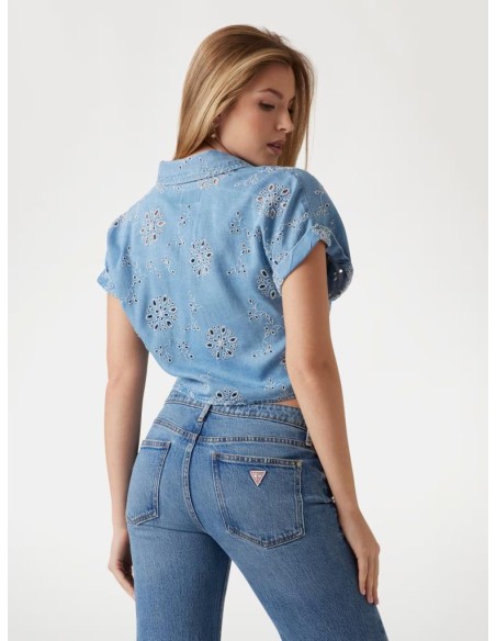Camicia cropped donna in denim lyocell con ricami Guess  | Mariadesole