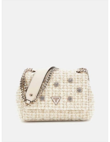 Mini tracolla donna Guess Everlee in tweed con dettagli gioiello e met