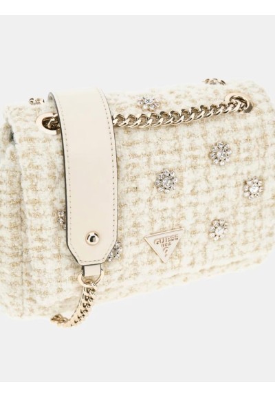 Mini tracolla donna Guess Everlee in tweed con dettagli gioiello e met
