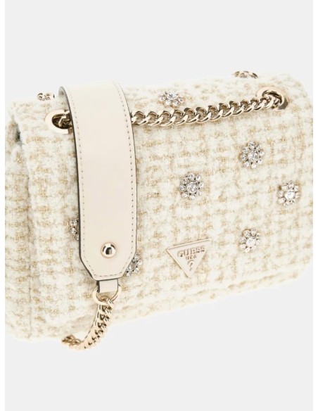 Mini tracolla donna Guess Everlee in tweed con dettagli gioiello e met