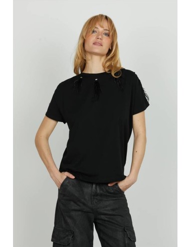 T-shirt PLUME Relish donna manica corta con piume e pietre  | Mariades