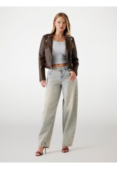 Giacca Biker Donna Guess in Similpelle Saffiano con Zip e Collo alla C