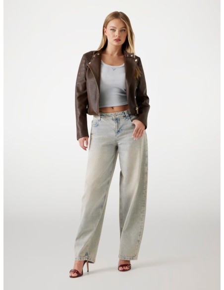 Giacca Biker Donna Guess in Similpelle Saffiano con Zip e Collo alla C