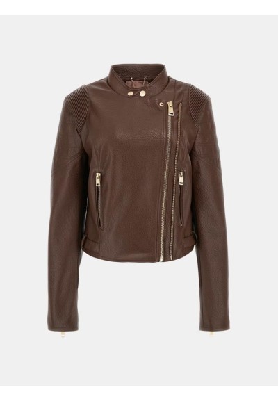 Giacca Biker Donna Guess in Similpelle Saffiano con Zip e Collo alla C