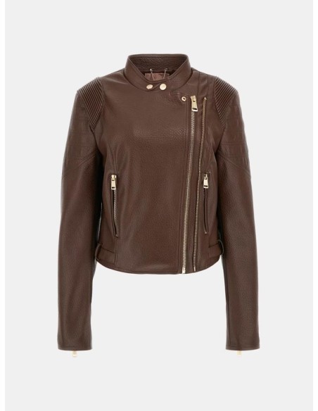 Giacca Biker Donna Guess in Similpelle Saffiano con Zip e Collo alla C