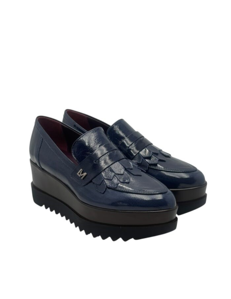 Lorenzo Mari Mocassino Donna in Vernice Blu con Frange e Suola Platfor