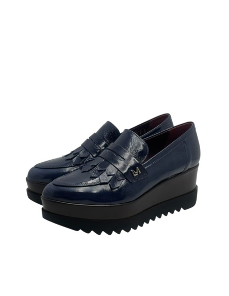 Lorenzo Mari Mocassino Donna in Vernice Blu con Frange e Suola Platfor