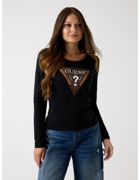 Guess T-shirt slim fit con logo triangolo animalier donna  | Mariadeso