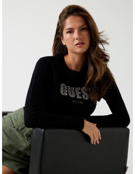 Guess Maglione Donna Girocollo con Logo Frontale in Strass  | Mariades