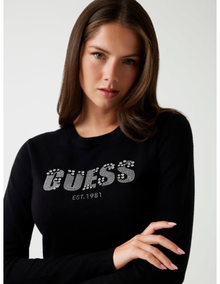 Guess Maglione Donna Girocollo con Logo Frontale in Strass  | Mariades