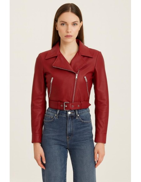 Giubbotto Donna in Pelle No Clock – Modello Biker Corto con Cintura  |