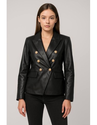 Giacca Doppiopetto Donna in Pelle Nera con Bottoni Oro – Stile Elegant
