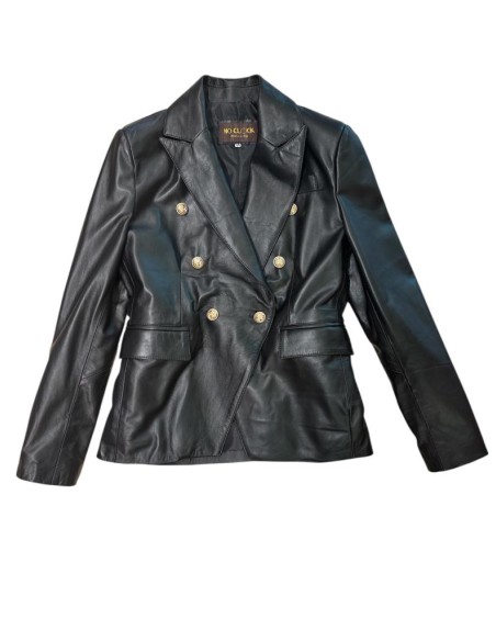 Giacca Doppiopetto Donna in Pelle Nera con Bottoni Oro – Stile Elegant