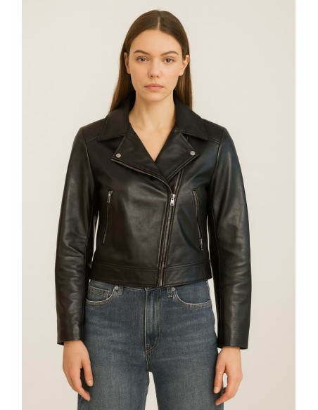 Giacca Donna Chiodo in Vera Pelle Nera – Stile Biker Moderno  | Mariad