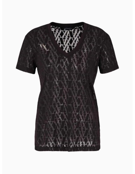 T-shirt Regular Fit Donna in Tessuto Fiammato con Monogram Allover Arm