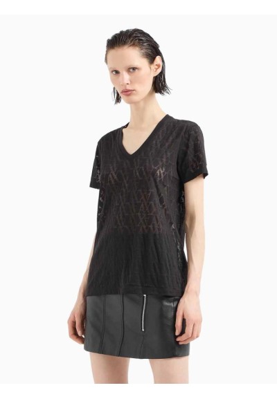 T-shirt Regular Fit Donna in Tessuto Fiammato con Monogram Allover Arm