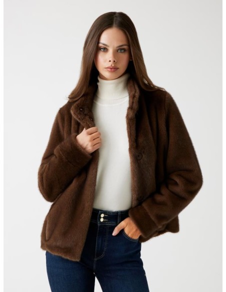 Guess Giacca Donna in Pelliccia Sintetica con Collo a Lupetto