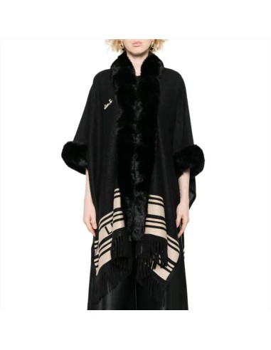 Liu Jo Poncho Donna Nero con Collo in Ecopelliccia e Frange  | Mariade