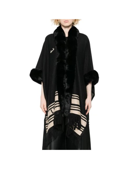 Liu Jo Poncho Donna Nero con Collo in Ecopelliccia e Frange  | Mariade