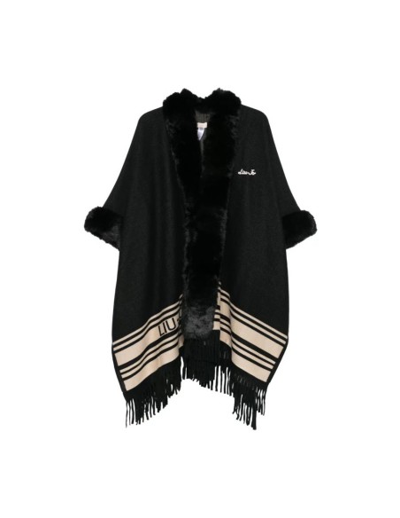 Liu Jo Poncho Donna Nero con Collo in Ecopelliccia e Frange  | Mariade
