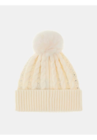 Guess Cuffia Donna in Maglia con Pompon e Logo Strass  | Mariadesole.i