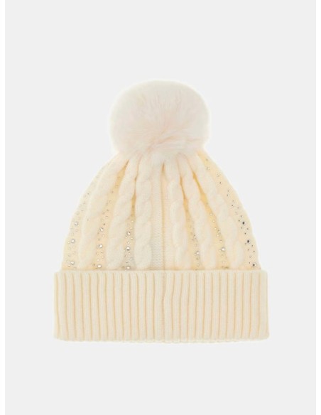 Guess Cuffia Donna in Maglia con Pompon e Logo Strass  | Mariadesole.i