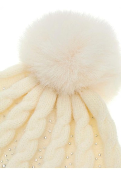 Guess Cuffia Donna in Maglia con Pompon e Logo Strass  | Mariadesole.i