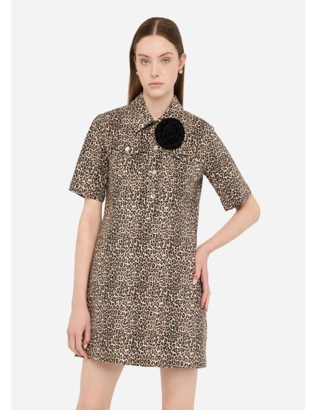 Liu Jo Abito Corto Donna Animalier in Denim Stretch con Spilla Floreal