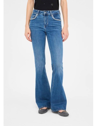 Liu Jo Jeans Donna Flare a Vita Alta con Strass e Taglio Bottom Up  |