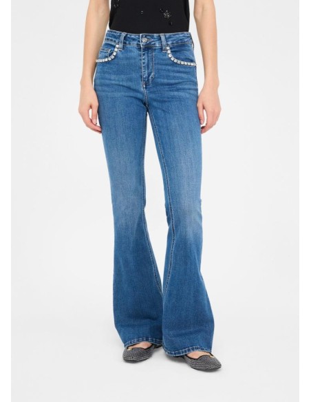 Liu Jo Jeans Donna Flare a Vita Alta con Strass e Taglio Bottom Up  | 
