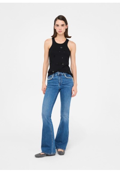 Liu Jo Jeans Donna Flare a Vita Alta con Strass e Taglio Bottom Up  | 