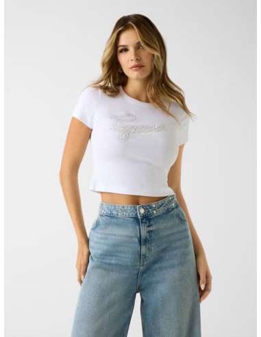T-shirt Guess Donna slim cropped a costine con logo in strass  | Maria