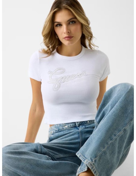 T-shirt Guess Donna slim cropped a costine con logo in strass  | Maria