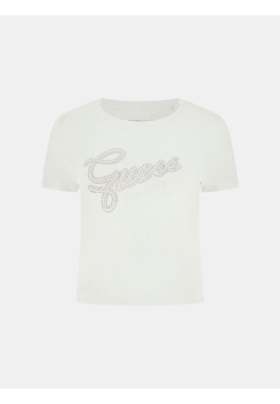 T-shirt Guess Donna slim cropped a costine con logo in strass  | Maria