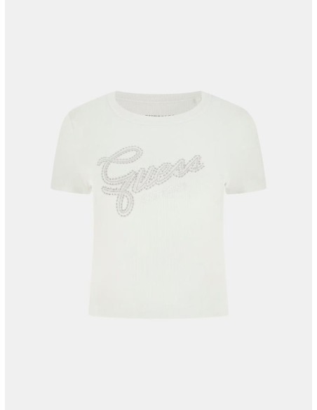 T-shirt Guess Donna slim cropped a costine con logo in strass  | Maria