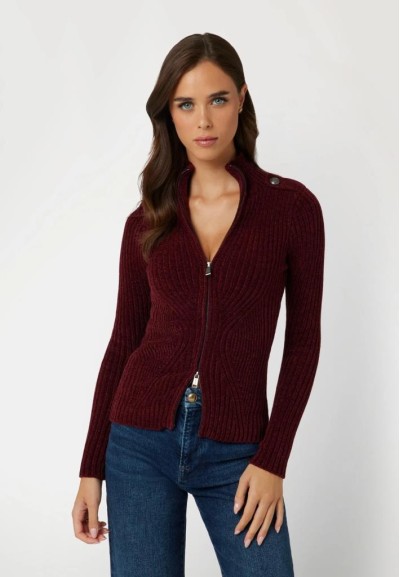 Cardigan Donna Guess Monocromo con Colletto Alto e Chiusura a Cerniera