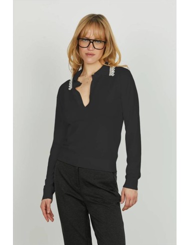 Relish Maglia Donna NIHOA Scollo a V con Colletto e Applicazione Stras