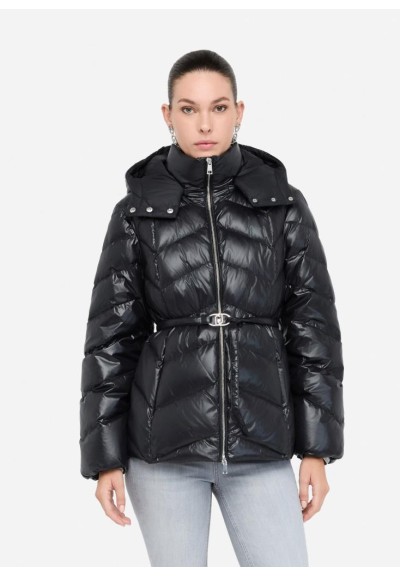 Liu Jo Piumino Donna Nero con Cappuccio e Cintura Logo  | Mariadesole.