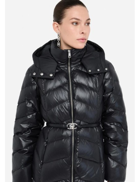 Liu Jo Piumino Donna Nero con Cappuccio e Cintura Logo  | Mariadesole.