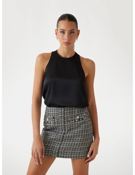 Guess Donna Top Smanicato Linea ad A in Raso con Dettagli in Pizzo  | 