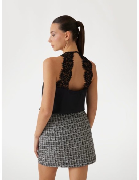 Guess Donna Top Smanicato Linea ad A in Raso con Dettagli in Pizzo  | 