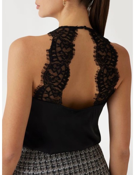 Guess Donna Top Smanicato Linea ad A in Raso con Dettagli in Pizzo  | 