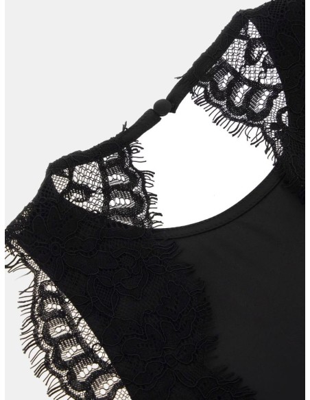 Guess Donna Top Smanicato Linea ad A in Raso con Dettagli in Pizzo  | 