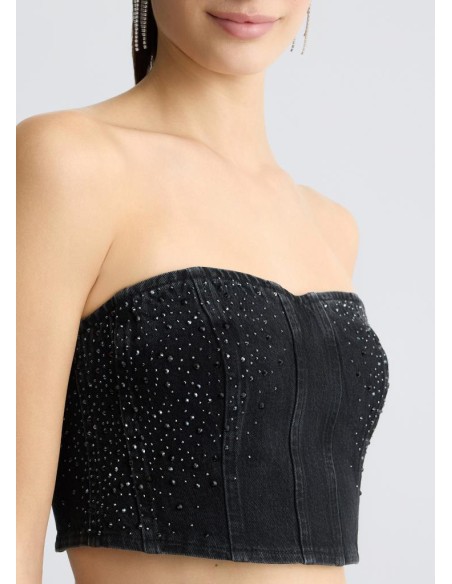 Top Donna Liu Jo in Denim Nero con Strass  | Mariadesole.it