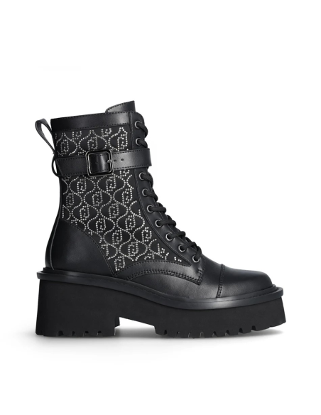 Liu Jo Stivaletti Anfibi in Nylon Nero con Logo in Strass All Over Don