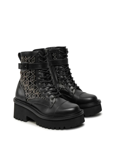 Liu Jo Stivaletti Anfibi in Nylon Nero con Logo in Strass All Over Don
