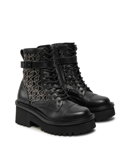 Liu Jo Stivaletti Anfibi in Nylon Nero con Logo in Strass All Over Don