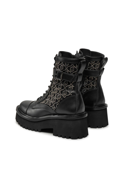 Liu Jo Stivaletti Anfibi in Nylon Nero con Logo in Strass All Over Don