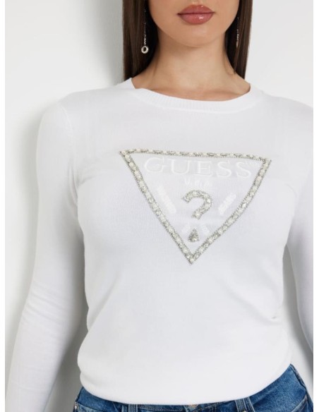 Maglia Donna Guess in Misto Viscosa con Logo Triangolo in Strass  | Ma